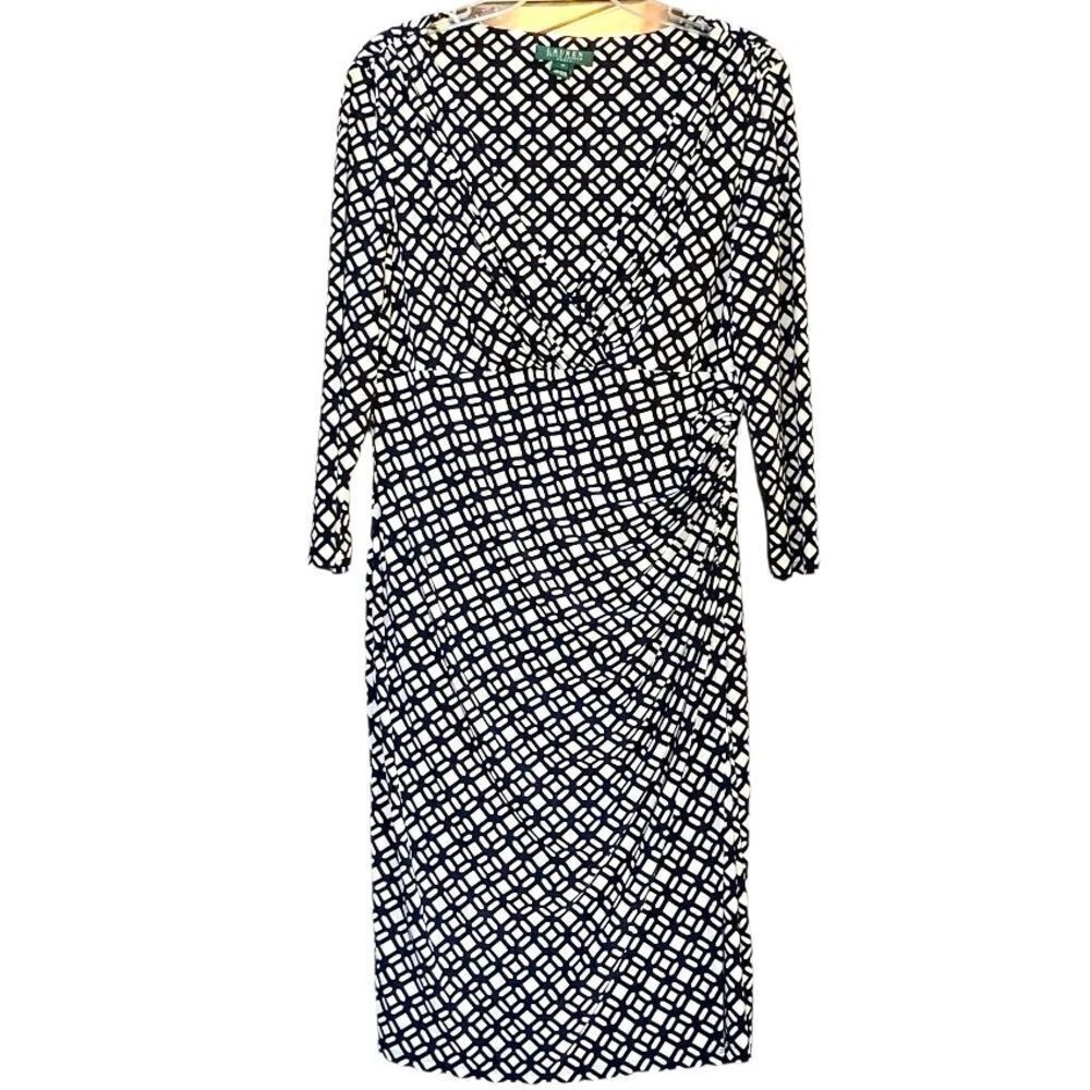 Lauren Ralph Lauren Geometric Mock Wrap Dress in Black/White Women’s 14